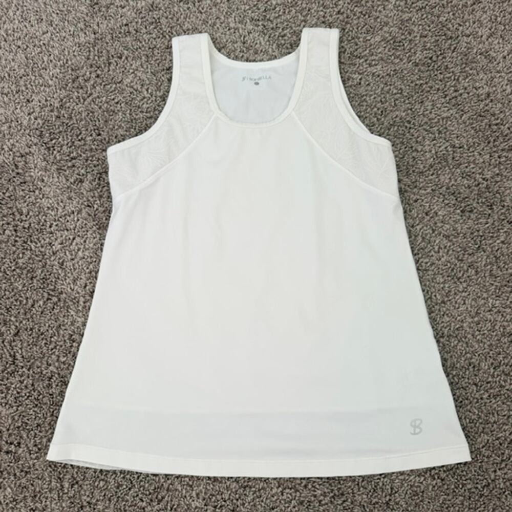 Sofibella Tank Women's Large White Scoop Neck Lacy Hem & Strap Detail Athletic